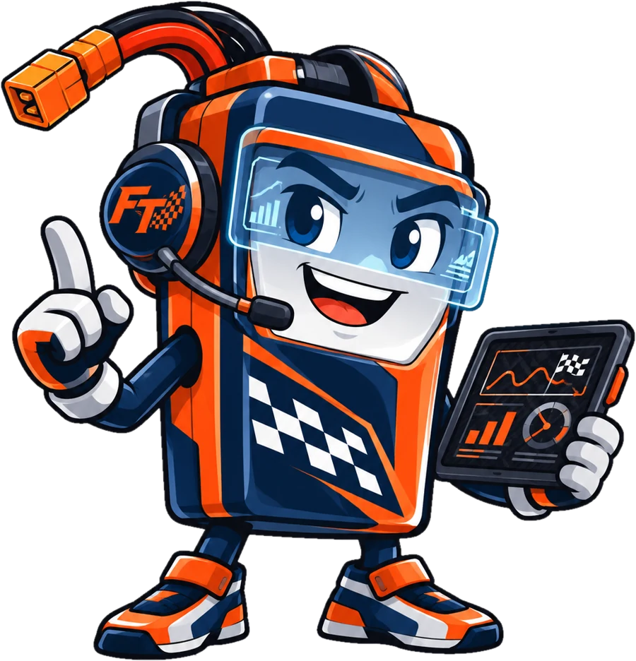 Volt, the Full Throttle mascot, pointing up with a tablet of lap data